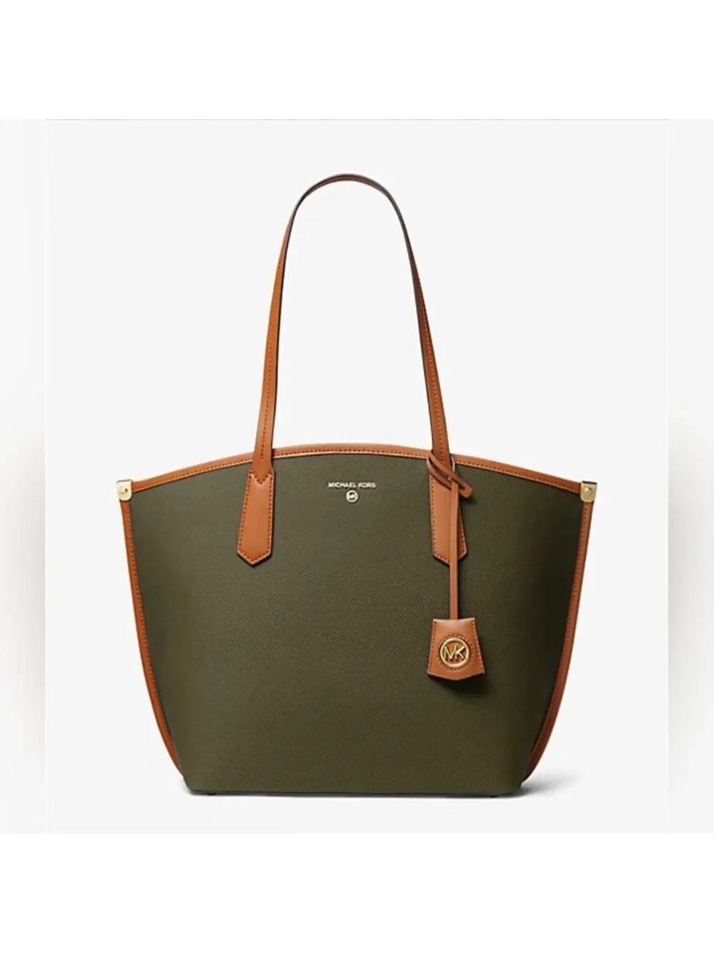 Michael Kors Emilia Large Tote Bag Olive Canvas Brown Leather Trim Gold Hardware